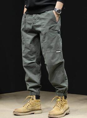 军绿色工装裤男士秋冬季2025新款潮牌宽松哈伦裤束脚运动休闲裤子