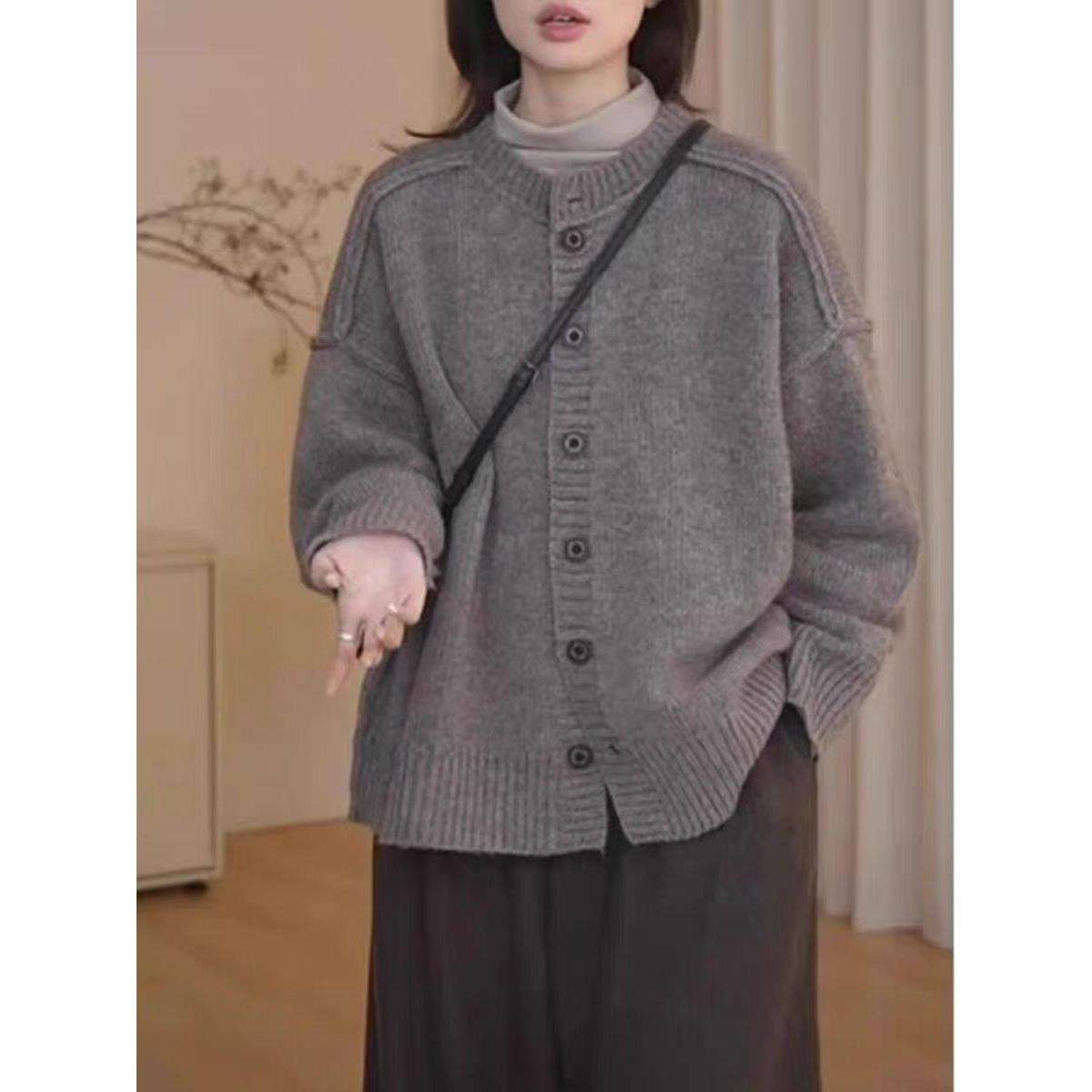 秋冬纯色100羊毛衫长袖外搭开衫女宽松显瘦覆古羊绒针织外套上衣