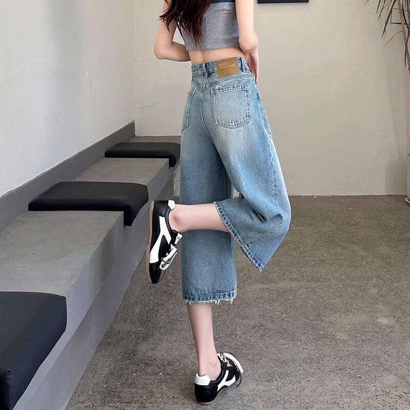 覆古破洞阔腿七分牛仔裤女2025夏季薄款宽松遮肉小个子显瘦直筒裤