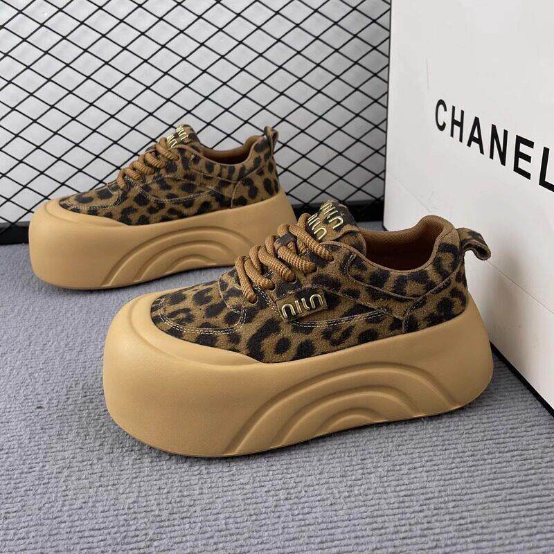 豹纹厚底大头面包鞋女款 2025新款真皮休闲运动鞋 增高板鞋