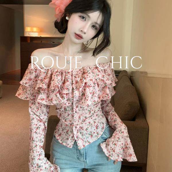 法国rouje chic法式一字肩荷叶边粉色碎花雪纺衬衫女早春露肩上衣