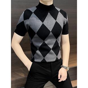 潮牌1313高级感格子男士短袖t恤春秋季内搭半高领打底衫男款毛衣
