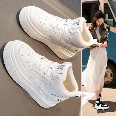 明星厚底2024秋冬新款高帮小白鞋棉鞋内增高加绒松糕鞋小个子板鞋