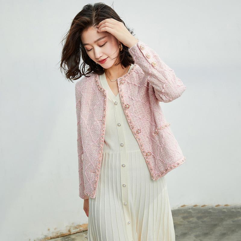 AILI恩裳高端女装秋冬新款重工钉珠镶钻亮丝减龄小香风羊毛呢外套