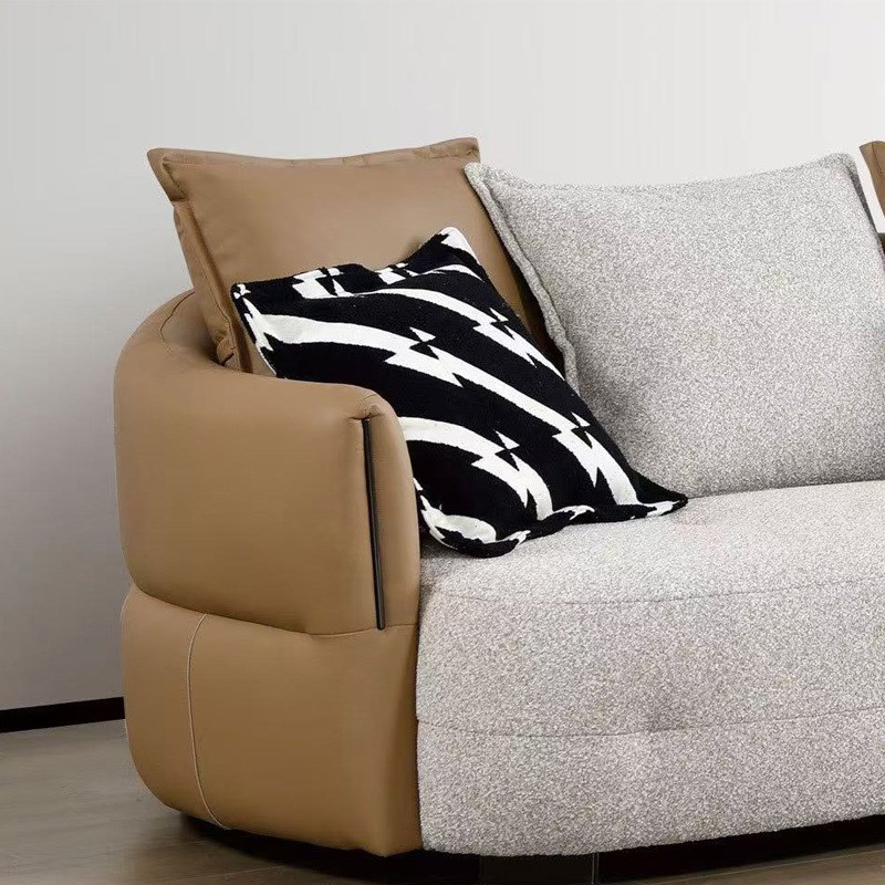 成都客厅会客弧形沙发高石墨烯海绵生态皮棉麻落叶松实木框架沙发