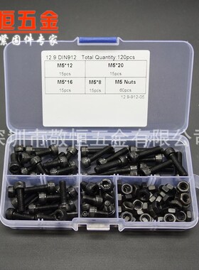 120pcs M5*8/12/16/20 黑色高强度杯头内六角螺丝螺母组合套装
