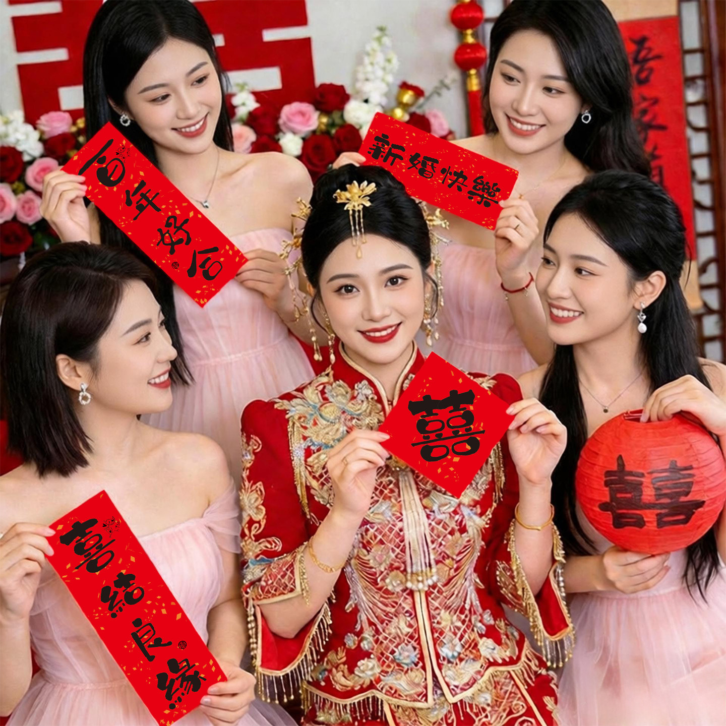 晨袍拍照道具结婚礼神器小对联女新娘中式出片接亲摆拍工具手持图片
