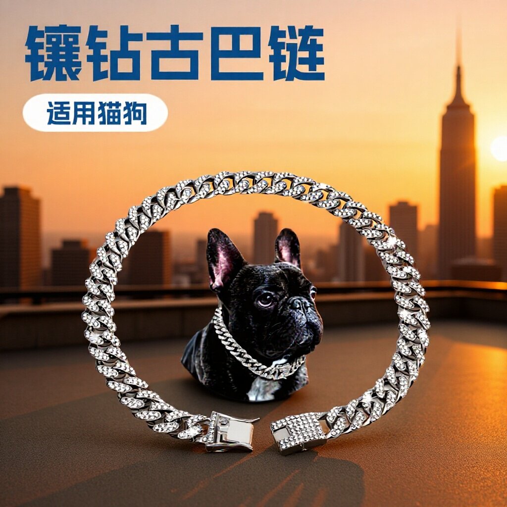新款镶钻古巴链锌合金宠物饰品大金项链项圈小猫装饰链子小猫狗链