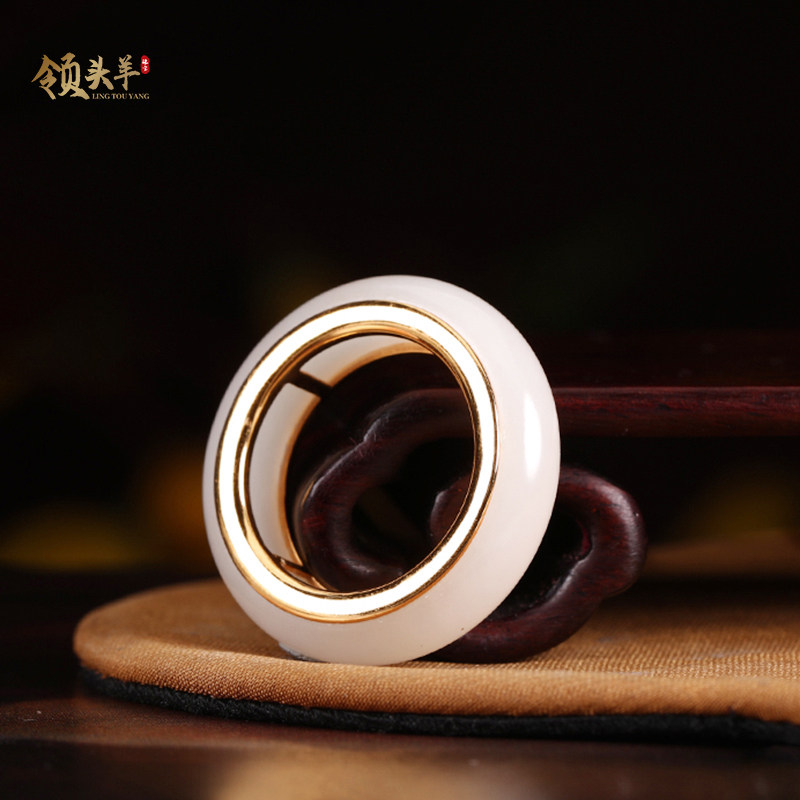 平安戒指 天然新疆和田玉平安玉戒精品18k金镶羊脂白玉素面玉戒指