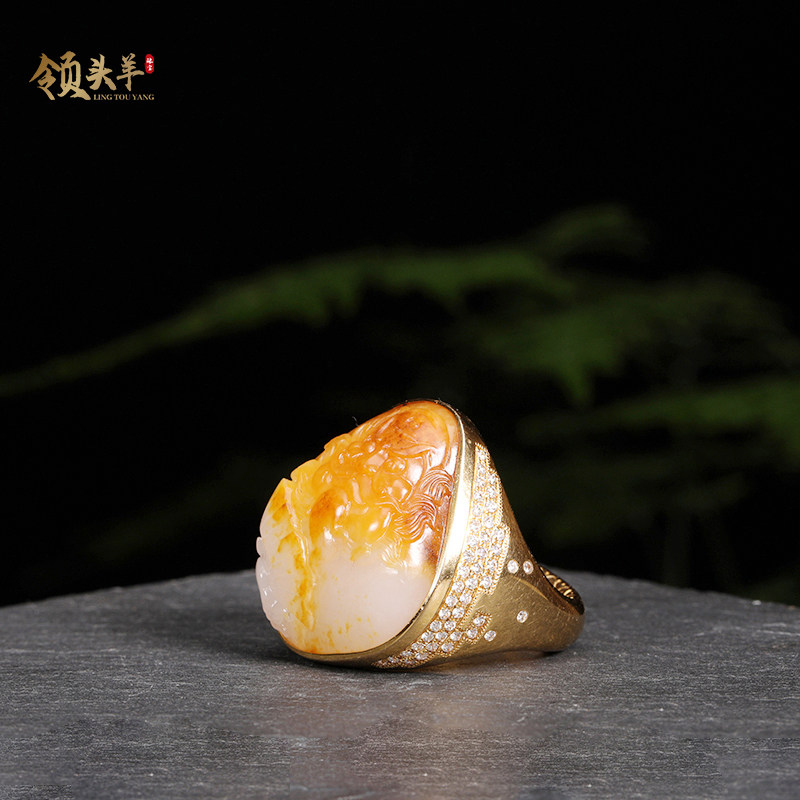 新疆和田玉18k金镶玉男士戒指钟馗扳指精品籽料玉石纳财钟馗扳指
