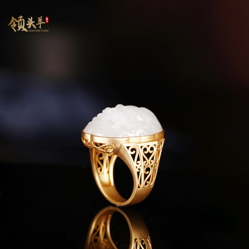 新疆和田玉兽面戒指精品老料18k金镶玉羊脂白玉瑞兽戒圈男士戒指