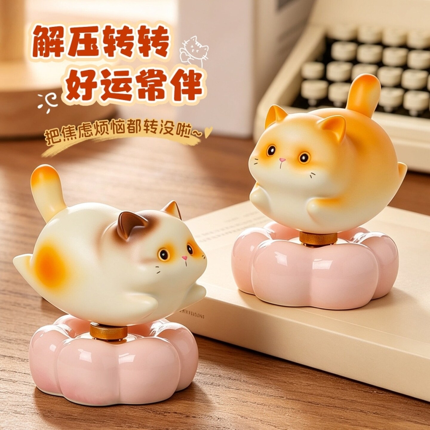 创意陶瓷转转小猫办公室工位治愈系装饰摆件送闺蜜同事生日小礼品