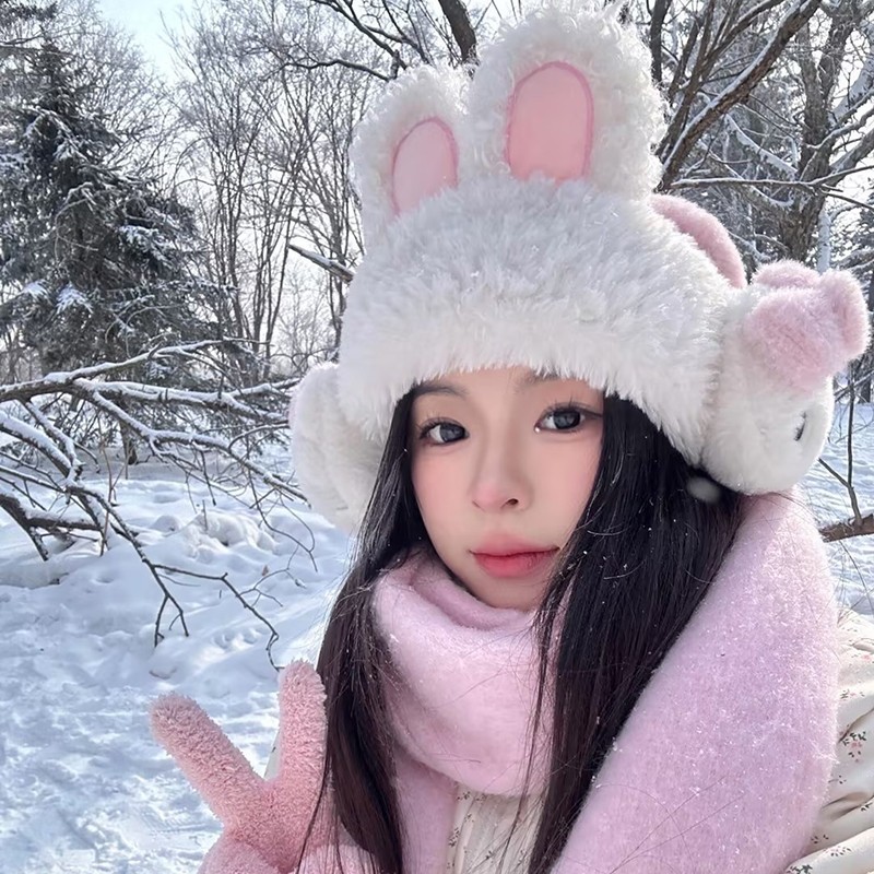 毛绒可爱兔子耳朵帽子女秋冬季针织保暖加厚显脸小防寒护耳高颜值