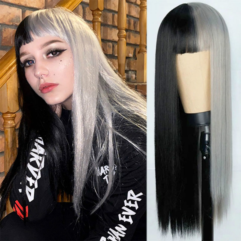 速卖通新品假发女长阴阳色一半