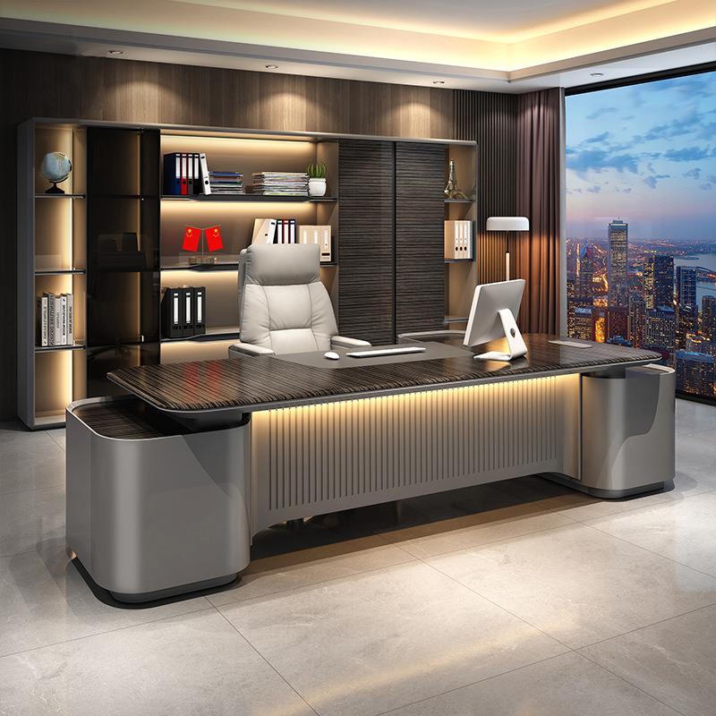 高端E0级老木板桌轻总奢代高级感办公桌裁董事长班台现黑檀皮SJRG