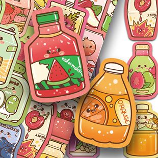 100张夏日饮品贴纸卡通可爱水果饮料果汁手账手机壳装饰防水贴画