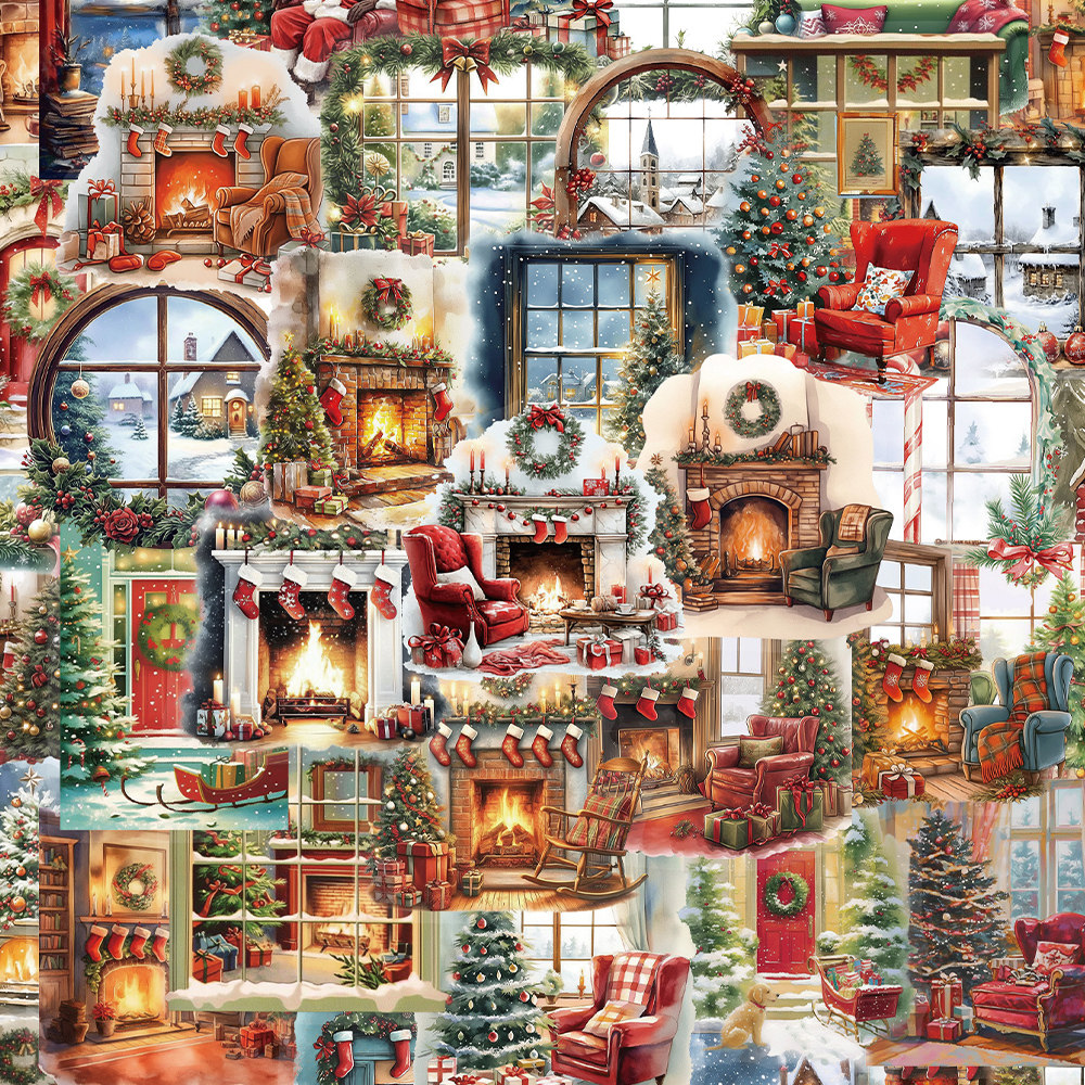 100张圣诞节水彩场景贴纸趣味手绘儿童装饰手账桌面手机壳笔记本