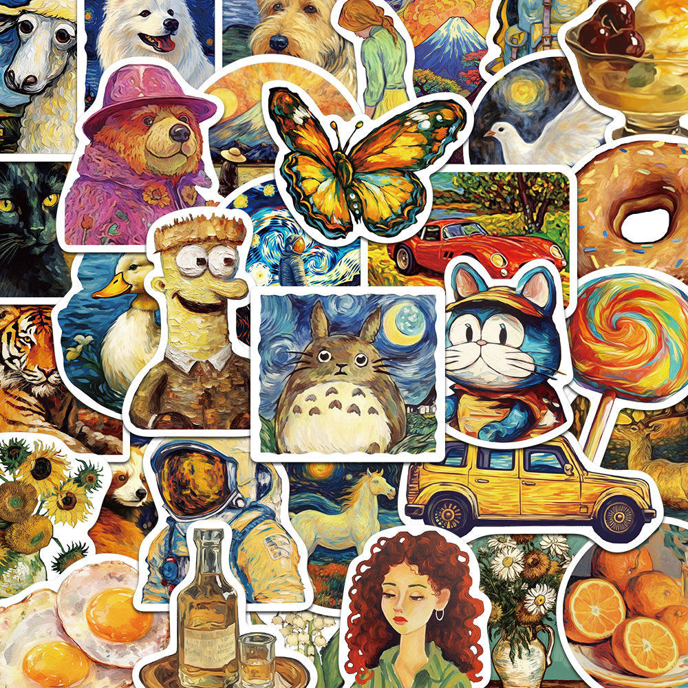 50张梵高油画万物涂鸦艺术贴纸复古风小众高级感装饰防水贴纸diy