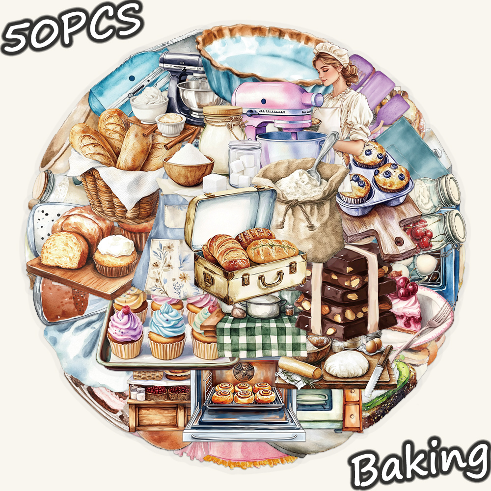 100张烘焙主题贴纸PET趣味手绘ins风装饰手账桌面手机壳笔记本