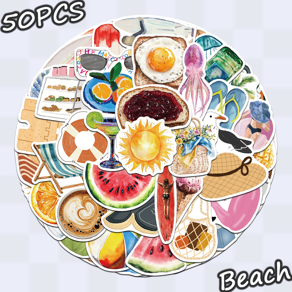 100张船滩泳池日贴纸趣味手绘ins风装饰手账桌面手机壳笔记本