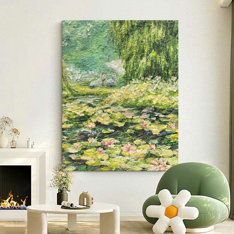 玄关睡莲荷花卉壁画大芬油画村风景挂画客厅纯手绘绿色肌理装饰画