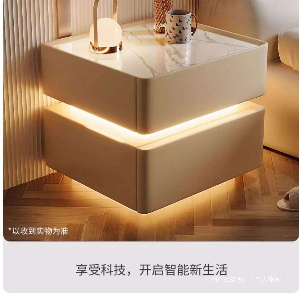奶油风悬浮实木带灯智能床头柜简约现代卧室岩板床边收纳柜客厅