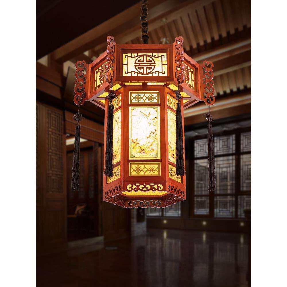 仿古中式宫灯实木六角灯笼镂空雕花阳台吊灯古典建筑长廊工程吊灯