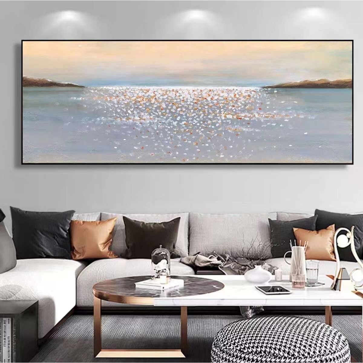 纯手绘大型海景横幅装饰画现代高级感肌理立体油画简约客厅墙挂画