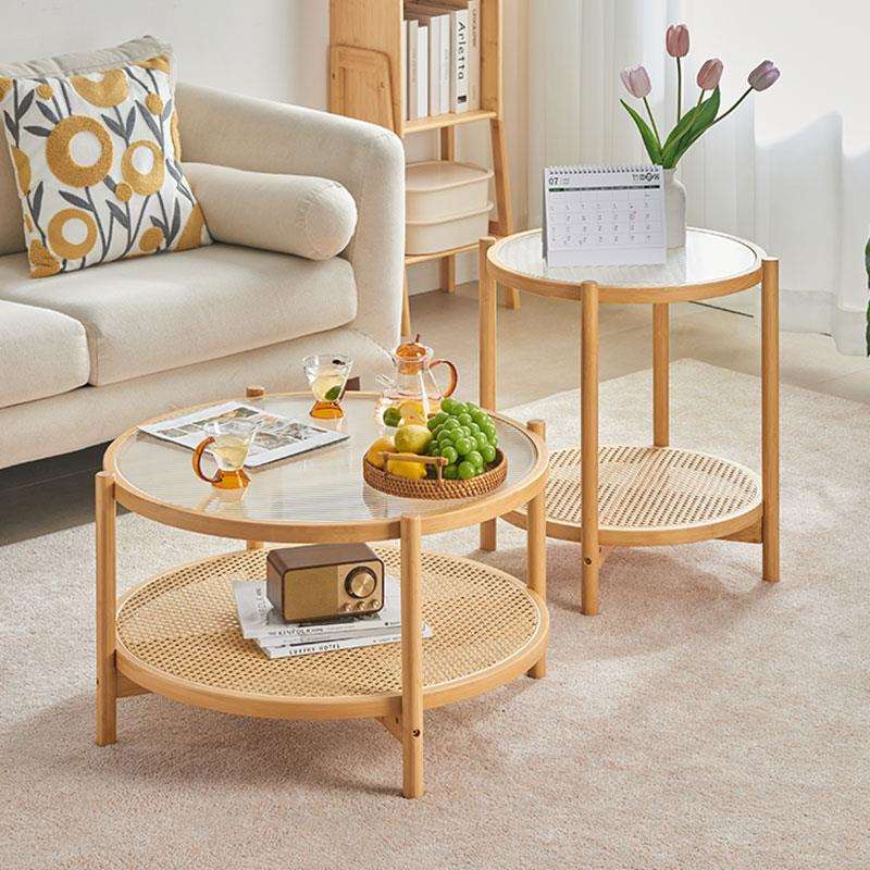 日式圆形实木藤编玻璃茶几客厅家用小户型现代简约沙发边几小茶桌