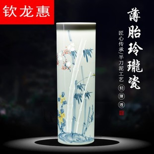 景德镇陶瓷器花瓶手绘插花薄胎竹报平安直筒客厅桌面瓷瓶简约摆件