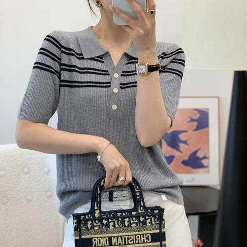 夏装polo领针织条纹短袖