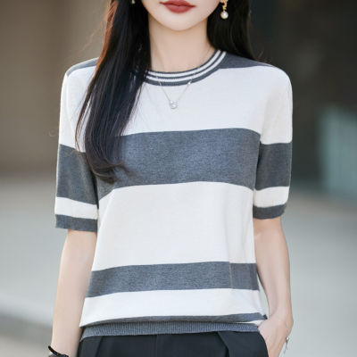 纯棉条纹针织短袖T恤女圆