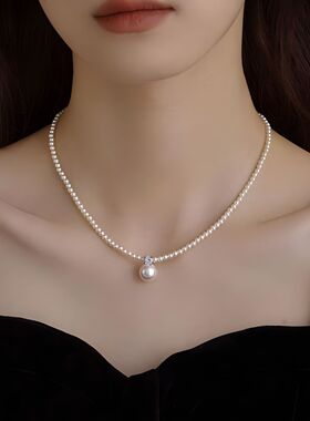 银贝S925纯银施家珍珠项链女时尚大方正圆戴妃款吊坠颈链百搭