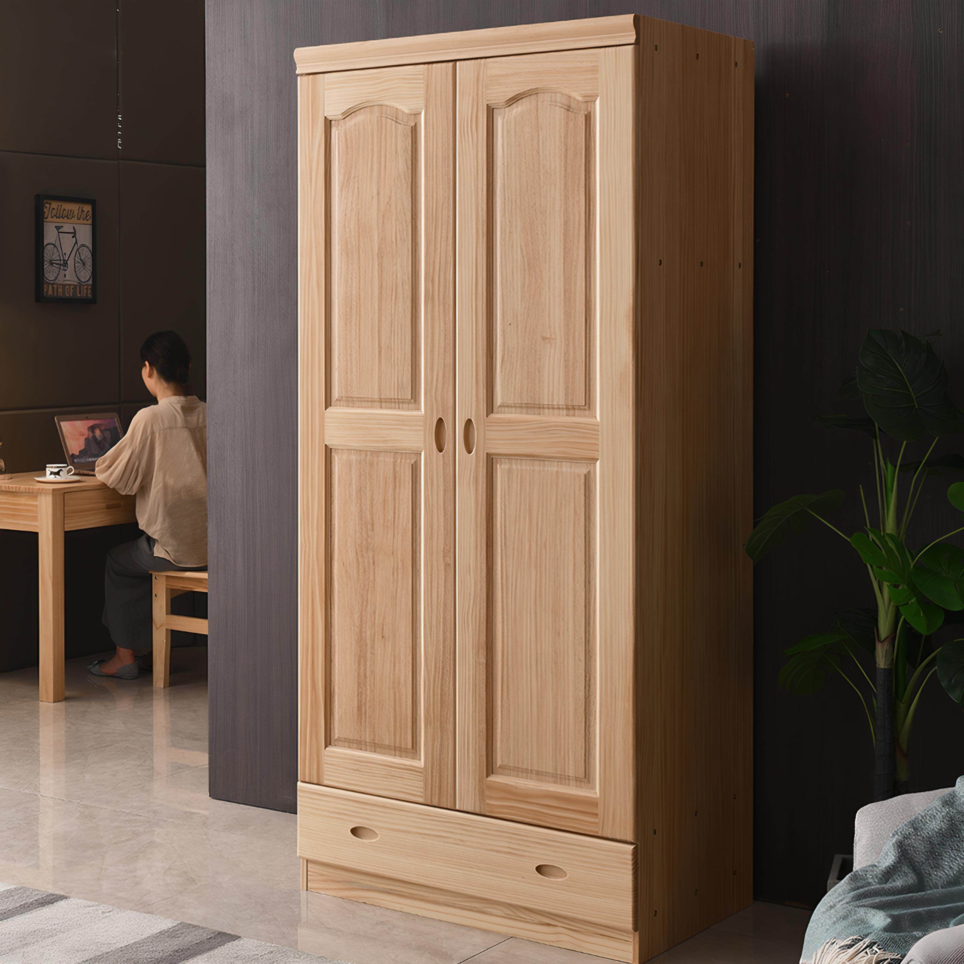 欧派实木衣柜简约松木衣柜两门三门儿童成人平开门衣柜原木色收纳