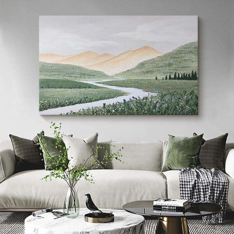 高山流水客厅手绘油画装饰画卧室床头肌理画风景山水抽象手工挂画