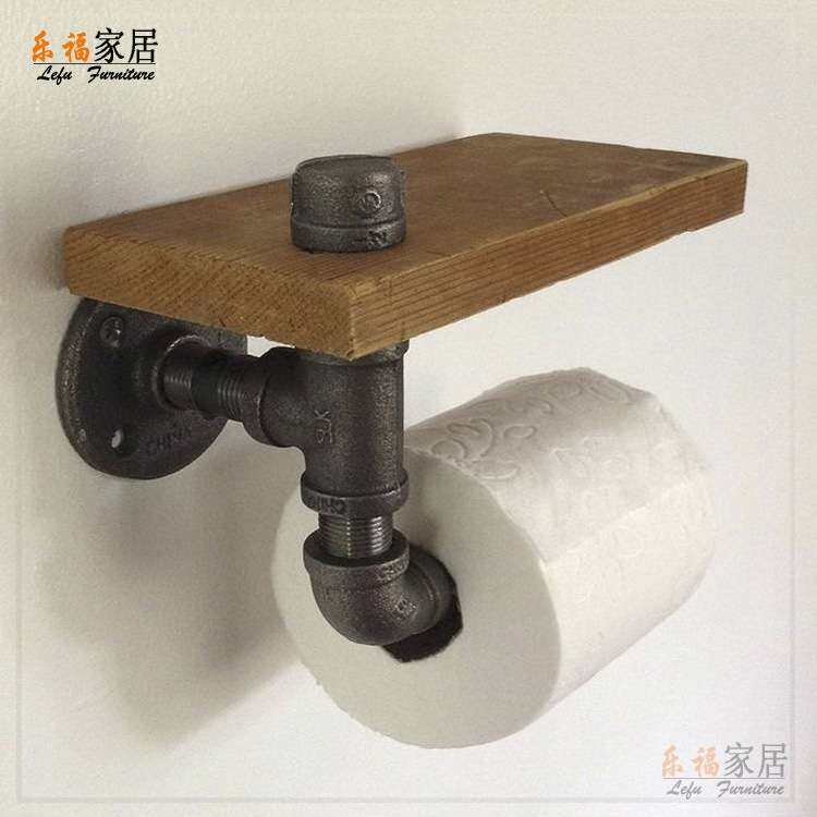 复古铁艺浴室上墙纸巾架卫生间壁挂厕纸架置物架实木水管卷纸架