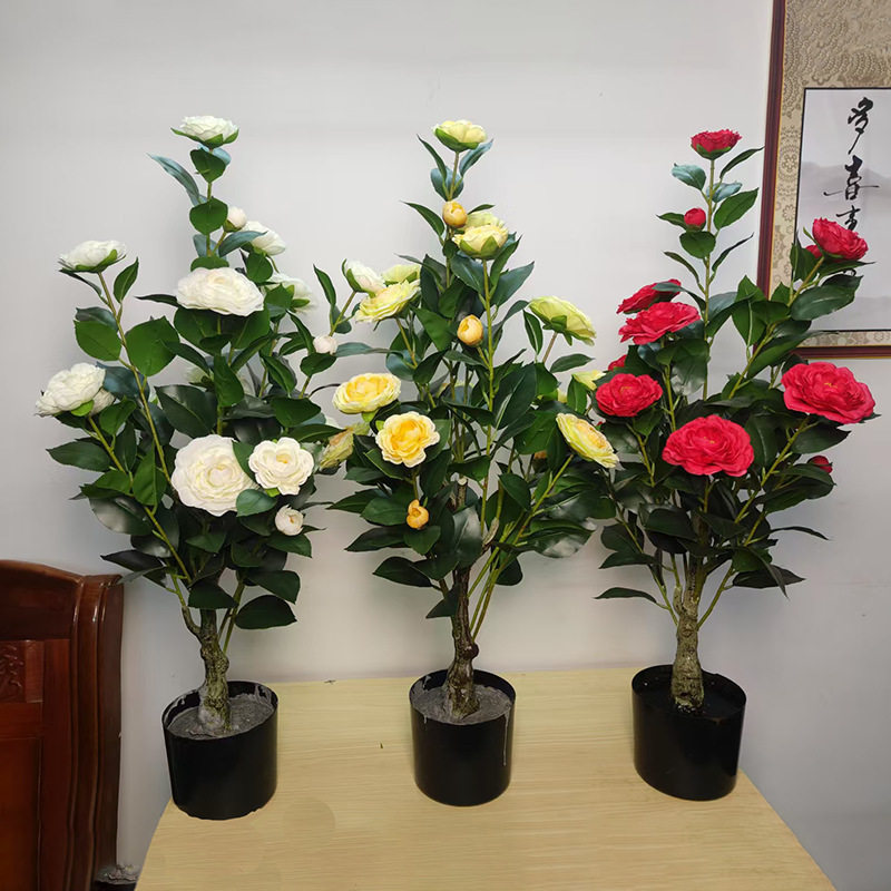 轻奢仿真山茶花落地盆栽摆件