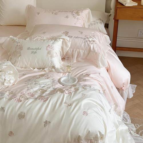 少女心纯棉100支双股长绒棉四件套浪漫意式花边刺绣被套床上用品