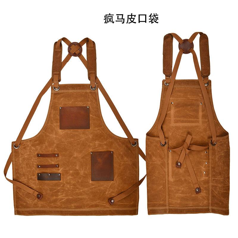 围裙重磅油蜡帆布工作服疯马皮口袋防泼水复古做旧工装围裙