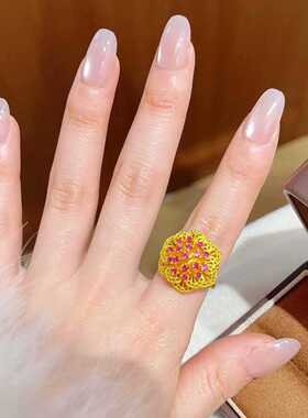 越南沙金花丝红钻人间富贵花戒指仿真黄金女款小众轻奢设计感指环