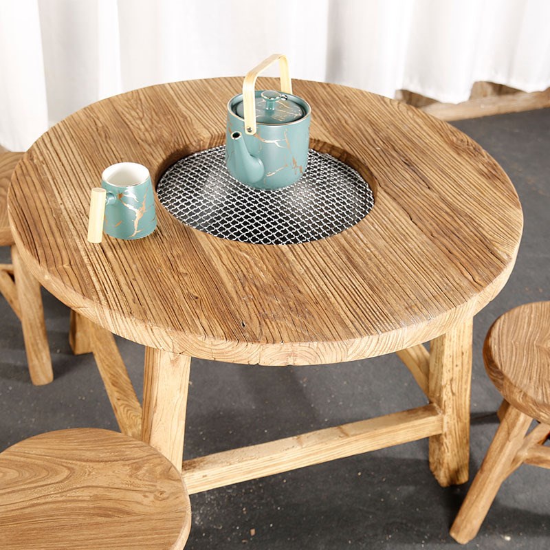 老榆木茶桌围炉桌家用火锅桌圆桌实木餐桌户外圆形榆木围炉桌子