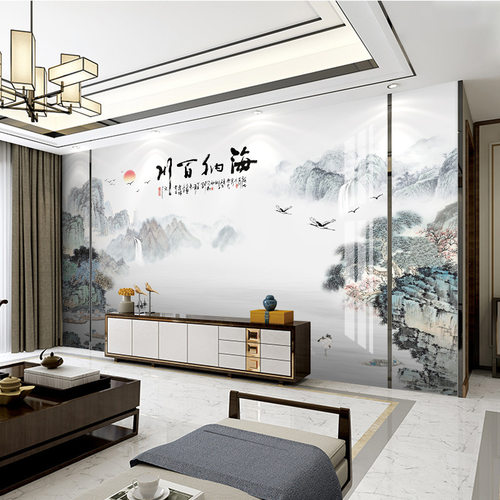 新中式电视背景墙壁画客厅沙发8d山水画墙布影视壁纸海纳百川壁布