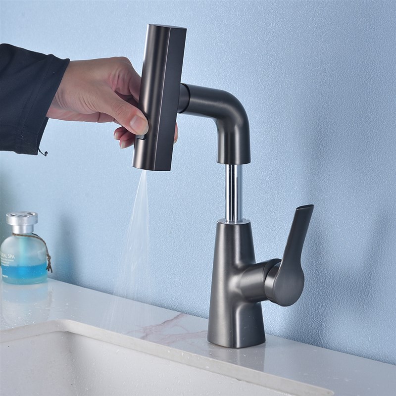 跨境飞雨抽拉面盆水龙头冷热两用家用多功能可伸缩升降洗脸盆龙头