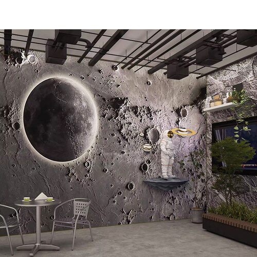 3d凹凸月球表面理发店墙纸网红奶茶店工业风水泥背景餐厅星空壁纸