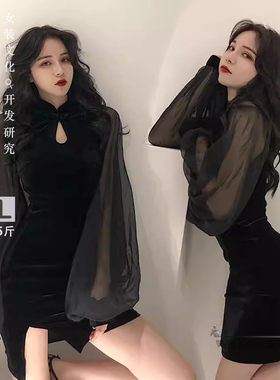 显瘦旗袍秋冬大码伪娘变装衣服网纱灯笼袖包臀雪纺拼接丝绒连衣裙