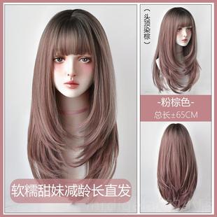 新款假发女长 自然全发套式网大红空气刘海蓬松修头脸微卷波浪长