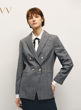 OVV秋冬女装双排扣戗驳领格纹设计休闲西服外套GWXAJ34109A