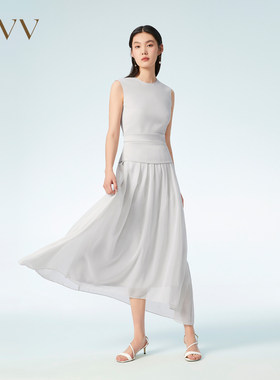 OVV春夏肌理感面料拼接薄纱压褶A字休闲无袖连衣裙GQLWJ23009A