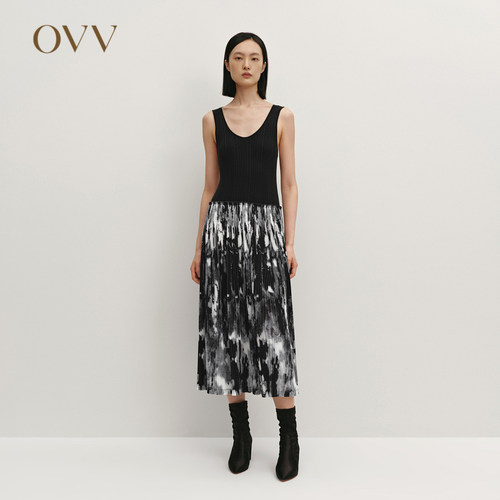 【黄金羊毛】OVV秋冬女针梭镶拼印花无袖连衣裙GQLWJ34106A