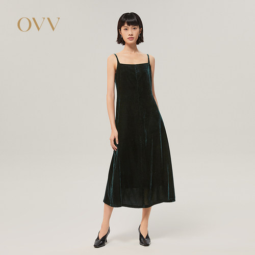 OVV秋冬新款女装日本进口丝绒方领复古时髦吊带长裙GQLDJ32102A